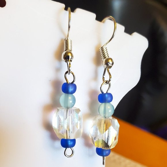 Silver Tone Hook Glass Square Bead Dangle Earrings - Picture 2 of 3